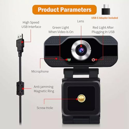 1080P HD Webcam with Microphone, Noise Cancellation, Privacy Cover, Wide-Angle Lens, Auto Light Correction, Plug & Play USB Webcam for Laptop, Desktop, PC, Zoom, Skype, Stream - style: 1080P