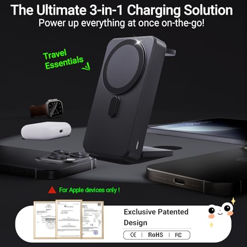 Kysson 5-in-1 Portable Charger, 10000mAh Foldable Power Bank Fast Charging,MagSafe Charger Battery Pack Magnetic,Travel Wireless Charging Station for iPhone 17/16/15/14/13/12,iWatch, Air pods, Black