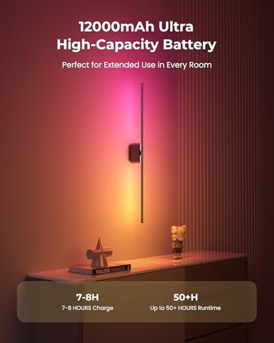 40 Inch Battery Operated Wall Sconces Set of 2, 12000mAh Rechargeable Smart Wall Lights with APP Control & Remote, Color Changing, Music Sync, Scene Modes, Wireless Wall Lamps for Living Room, Bedroom