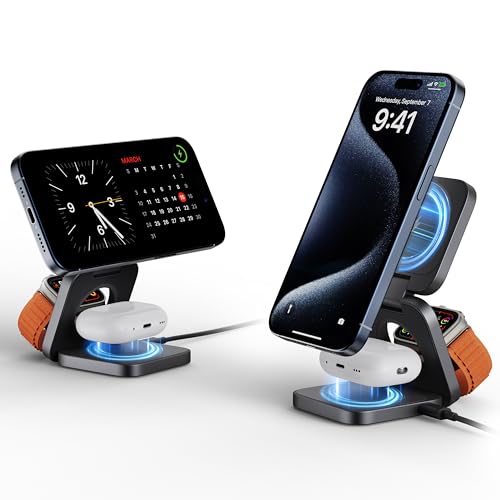 3-in-1 Wireless Charger Stand, LULULOOK 15W Magnetic Charger Wireless Fast Charging Station for iPhone 16/15/14 Series, Aluminum 5W Charger for Apple Watch, AirPods, USB-C Charging Cable Included - color: Gray