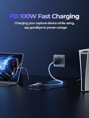 USB 3.0 Video Capture Card with 12IN Mini HDMI Cable PD 100W and USB3.0 Port, Streaming Game Recording 4K, 60FPS, HDMI to USB-A/USB-C Capture Card for Quest 3, Switch, PS5/4, Camera, Tablet PC
