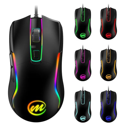 memzuoix Wired Gaming Mouse with RGB - 6 Adjustable DPI up to 12800, 6 Buttons, 12 Lighting Modes, Ergonomic Design with Anti-Slip Rubber Wheel, 5.6ft Braided Cable for PC/Mac/Windows - Black - color: Black