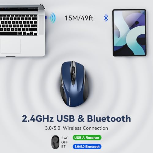 TechRise Bluetooth Mouse (BT5.0/3.0 & 2.4G) Rechargeable Wireless Mouse, 4800 DPI Optical Tracking, 6 Adjustable DPI, 2.4GHz with USB A Receiver, Quiet Clicks, Ergonomic Grips, 6 Buttons - Blue - color: Blue