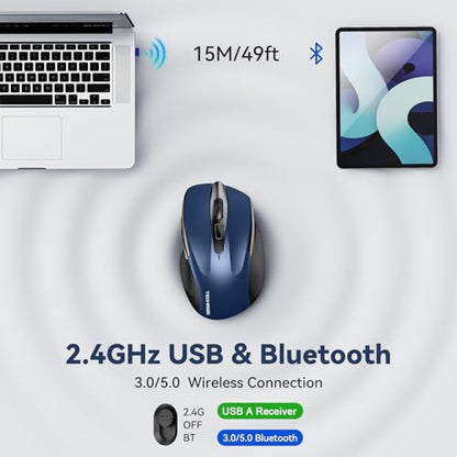 TechRise Bluetooth Mouse (BT5.0/3.0 & 2.4G) Rechargeable Wireless Mouse, 4800 DPI Optical Tracking, 6 Adjustable DPI, 2.4GHz with USB A Receiver, Quiet Clicks, Ergonomic Grips, 6 Buttons - Blue - color: Blue