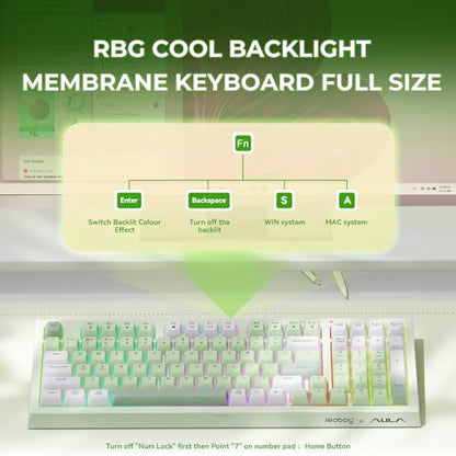 LEOBOG X Aula Green Keyboard Wireless Gaming Keyboard Creamy Silent | 98 Keys,Quiet,RGB Backlit,2000mAh Computer Keyboards Membrane Creamy Keyboard with Number Pad,Tri-Mode BT/2.4GHz/USB-C - color: Green