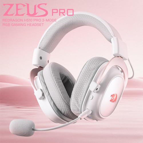Redragon H510 PRO 3-Mode RGB Gaming Headset - 7.1 Surround Sound - 53MM Audio Drivers in Memory Foam Ear Pads w/Durable Fabric Cover- Multi Platforms Headphone - USB Powered for PC/PS4/NS - color: White Wireless H510 PRO