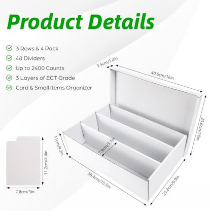Calenzana 2400-Count Trading Cardboard Card Storage Boxes 4 Pack, 3 Row White Card Box with 48 Dividers, MTG, TCG Card Organizer - size: 3 Row-4 Pack
