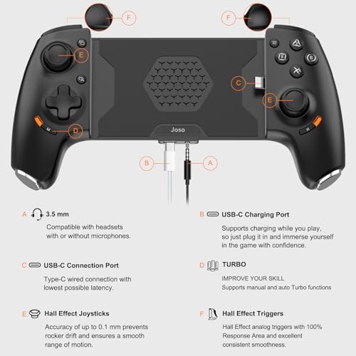 Joso USB C Mobile Gaming Controller, Plug & Play with Hall Effect Joystick/Triggers, 2 Back Buttons/3.5mm Audio Jack, for Cloud/PS/Xbox/PC Remote Play, Universal Phone Gamepad - color: Black