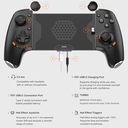Joso USB C Mobile Gaming Controller, Plug & Play with Hall Effect Joystick/Triggers, 2 Back Buttons/3.5mm Audio Jack, for Cloud/PS/Xbox/PC Remote Play, Universal Phone Gamepad - color: Black