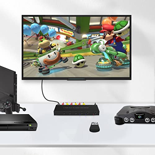 4 AV to HDMI, 1080P/720P 4 Way RCA Composite CVBS AV Switch to HDMI Converter Adapter Support 4:3/16:9 Switching, for Sega Xbox PS1 PS2 PS3 N64 NGC SNES WII VHS VCR Camera DVD （with Remote） - style: 4 RCA Converter