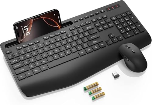 SABLUTE Wireless Keyboard and Mouse Combo, Full Size, Ergonomic Wrist Rest | Silent Typing, Phone Holder, 2.4 GHz, 3 Level DPI, Batteries Powered, KM23D Set Compatible with PC, Laptop, Windows, macOS - color: Classic Black, size: 1 Pack