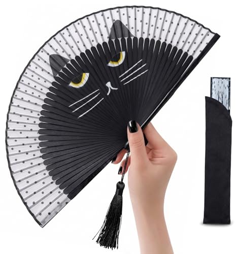 Japanese Folding Hand Fan for Women - Bamboo Silk Handheld Foldable Fan with Tassel & Pouch for Hot Flashes, Rave, Church, Gift,Wedding - Whisper-Quiet, Purse Size (Black-Cat) - color: Black-cat