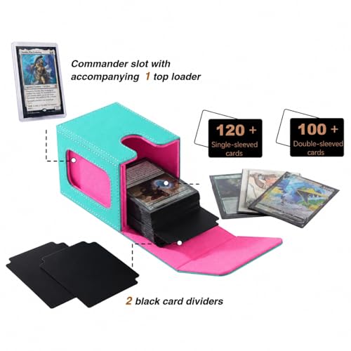 MTG Deck Box with Commander Display, Fits TCG Cards (Turquoise&Pink) | Holds 120 Single/100 Double-Sleeved Cards, Fit MTG/PTCG/OPTCG Cards, Strong Magnet, PU Leather, With 2 Dividers & 1 Toploader - color: Turquoise and Pink