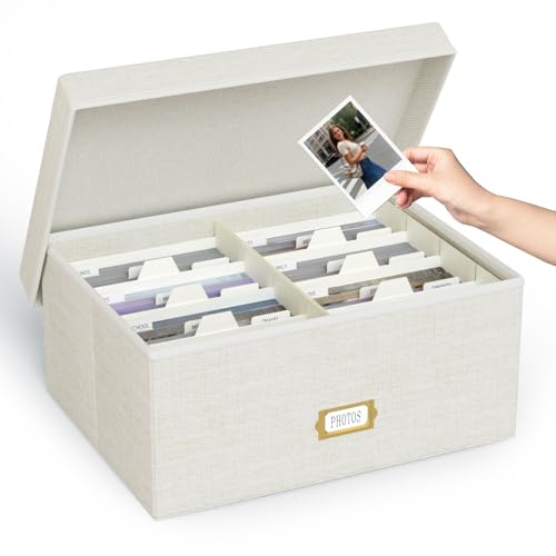 Decorative Photo Storage Box, Linen Photo Box Holds 1700 5x7 Pictures Beige | Photo Storage Containers with 8 Dividers, Memory Keepsake Organizer for Photos, Scrapbook Supplies, Cards, Stamps,Archive Box - color: Beige, size: 5x7 (1 Pack)