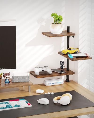 3 Tiers Clamp On Desk Shelf, 360° Angle Adjustable Desktop Shelf Organizer for Home Office Gaming Room, No Drill Desk Extender Adapt to 0.4-2.16 inches Table Thick, Black Brown - color: 3-tier Black Brown