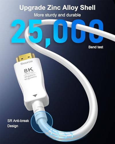 HDMI Cable 50FT 8K Fiber Optic - 48Gbps Ultra High Speed for Monitor, TV | 8K@60Hz 4K@240Hz, Thin White HDMI 2.1 Cable, Supports eARC, Dynamic HDR, HDCP 2.2/2.3, for PS5 Xbox Laptop Projector - size: 50 Feet
