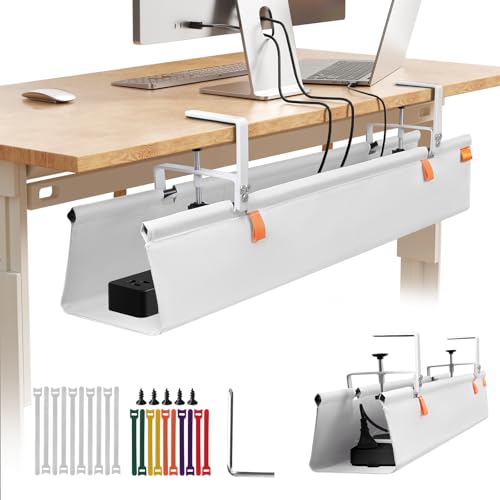 Under Desk Cable Management Tray No Drill,36Inch Cable Management,White | Clamp and Screw Mount Cable Management Tray, Extra Large Capacity Desk Cable Management, Fabric Wire Management for Office - color: White, size: 36"L x 5.5"W