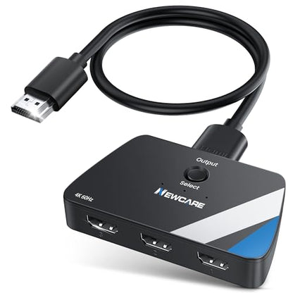 NEWCARE HDMI Switch 3 in 1 Out, 4K@60Hz HDMI Switcher with 2.6FT HDMI Cable | 3-Port HDMI Splitter Selector, HDR, HDCP 2.2, 3D, Compatible with PS5/4, Xbox, Switch 2, Fire TV Stick, HDMI 2.0, Plug & Play