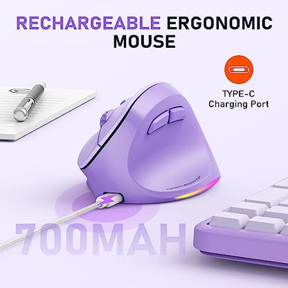 MEETION Ergonomic Mouse, Wireless Vertical Mouse RGB Backlit, Rechargeable Mice for Bluetooth(5.2+3.0) & USB-A with USB-C Adapter, 4 Adjustable DPI Compatible Mac/Windows/Andriod/PC/Tablet/iPad Purple - color: Purple