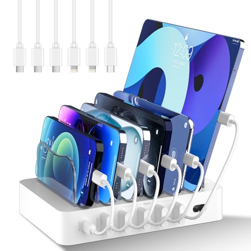 Charging Station for Multiple Devices,68W 6 Port 20W Fast Phone Charger Dock with 6 Cables, Compatible with Apple Cellphone iPad iPhone Tablet and Other Electronic(White)