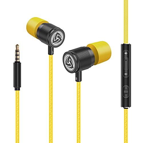 LUDOS Ultra Wired Earbuds in-Ear Headphones, 5 Years Warranty, Earphones with Microphone, Noise Isolating Ear Buds, Memory Foam for iPhone, Samsung, School Students, Kids, Women, Small Ears - Yellow - color: Yellow, style: 3.5 mm
