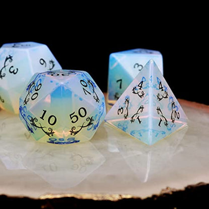 Haxtec Gemstone Dice Opal DND Dice Set with Dice Case Opalite D&D Compatible with Dungeons and Dragons Dice TTRPG DND Master Gift - color: White Black Gold