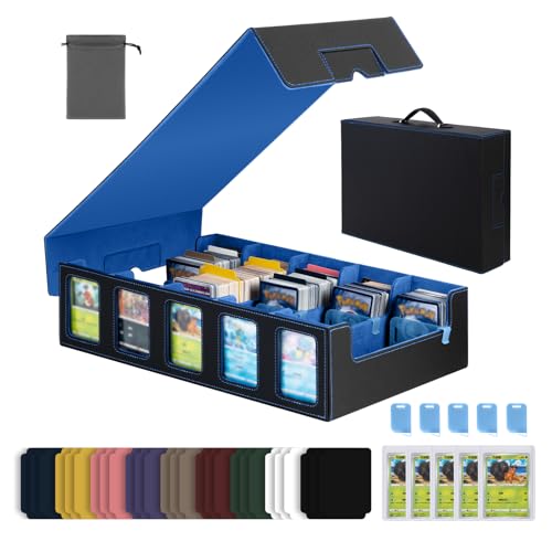 Trading Card Storage Box with Commander Display, 5-Row Deck Case with Removable Lid & Handle, 4000+ Card Organizer with 48 Colorful Dividers & 5 Stoppers for MTG, Black & Blue - color: Black & Blue, size: 4000+, with Handle
