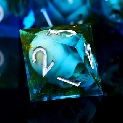 Froggod Blue Moss & Skull DND Dice Set with Gift Box for DND RPG, 7Pcs | Blue resin DND role playing dice with moss skull design and sharp edges for MTG, tabletop games and collectors - color: Blue