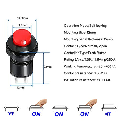 Gebildet 24pcs 12mm Latching Push Button Switch SPST ON/OFF AC 250V/1.5A 125V/3A, Lockable Mini Round Rocker Switch for Car Trumpet, PC, Table Lamp, Home Doorbell - style: E316