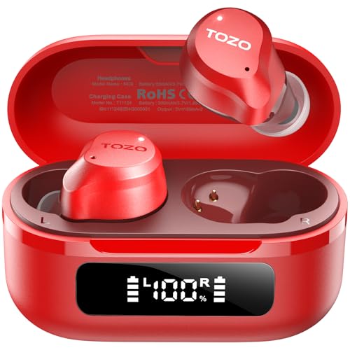 TOZO NC9 Hybrid Active Noise Cancelling Wireless Earbuds, 60H, LED Display | 6 Mic ENC Clear Calls, Deep Bass Sound, IPX8 Waterproof, in Ear Bluetooth 5.3 Headphones,32 EQs via APP, Comfort Fit Ear Buds - color: Red