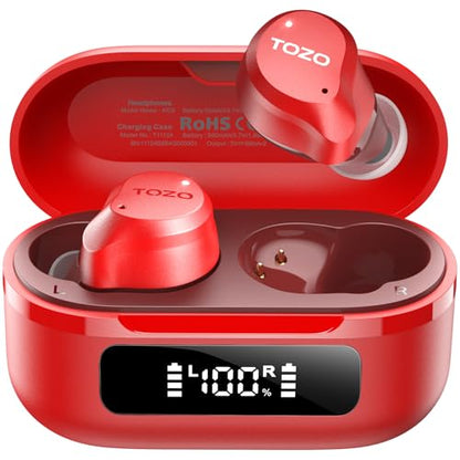 TOZO NC9 Hybrid Active Noise Cancelling Wireless Earbuds, 60H, LED Display | 6 Mic ENC Clear Calls, Deep Bass Sound, IPX8 Waterproof, in Ear Bluetooth 5.3 Headphones,32 EQs via APP, Comfort Fit Ear Buds - color: Red