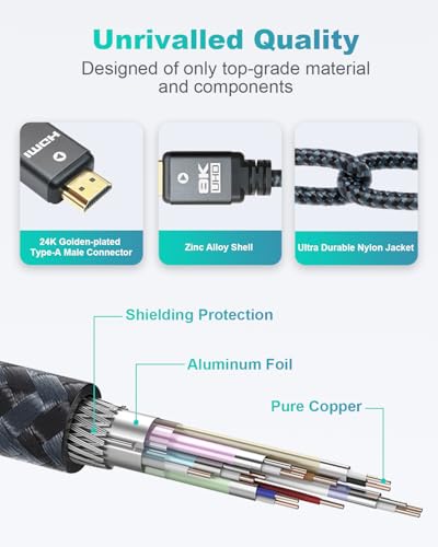 8K HDMI 2.1 Cable 10ft, Certified Ultra High Speed 48Gbps (10 Feet) | Heavy Duty Nylon Braided HDMI 2.1 Cord, 8K@60Hz, 10K, 4K@144Hz, 4K@120Hz, eARC, HDCP 2.2&2.3, Dynamic HDR, 3D for Monitor, TV - size: 10 feet