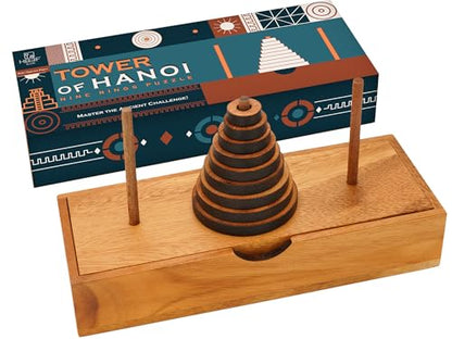 BSIRI Fun Puzzle Board Games Gifts of Hanoi Tower (9 Rings) with Wooden Designs for Brain Teasers Logic Games Kids and Adults to Challenges Mastermind Game and Think for Fun Learning Tower Puzzles
