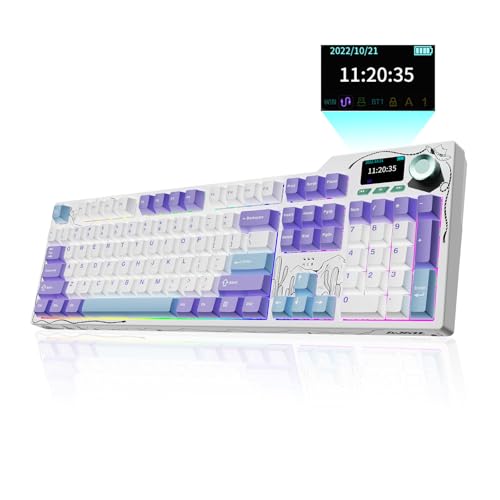 Ajazz AK35I V4 Full Size Wireless Mechanical Keyboard with 1.14" Color Screen & Knob, Tri-Mode Gasket Hot Swappable Gaming Keyboard, 10000mAh Battery, RGB, Purple - color: Purple White