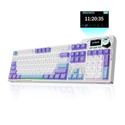 Ajazz AK35I V4 Full Size Wireless Mechanical Keyboard with 1.14" Color Screen & Knob, Tri-Mode Gasket Hot Swappable Gaming Keyboard, 10000mAh Battery, RGB, Purple - color: Purple White