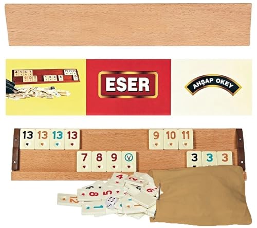 Hakan Turkish Okey Game Rummy Cube Game Rummy Cube Set with 4 Straight Wooden Racks Tile Holder and 106 Melamine Tiles Stones in Pouch