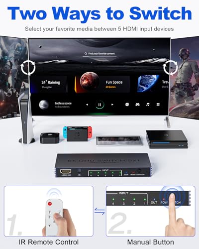 New Upgrade 8K HDMI Switch 5 in 1 Out, Hdmi Splitter with Remote 5 Port Switcher Selector Box Support 3D//HDR/HDCP2.3, HDMI 2.1 Switch Box Compatible with PS 5/4/3 Xbox Switch DVD Player TV PC