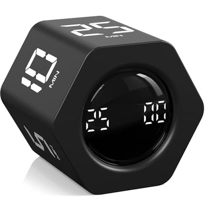 Rotating Pomodoro Timer 5, 25, 10 30,60 Mins Preset Stopwatch, Desk Flip ProductivityTimer, ADHD Tool Hexagon, Vibration/Mute/Alarm, for Work, Study, Back to School, Kitchen, Black - color: Black