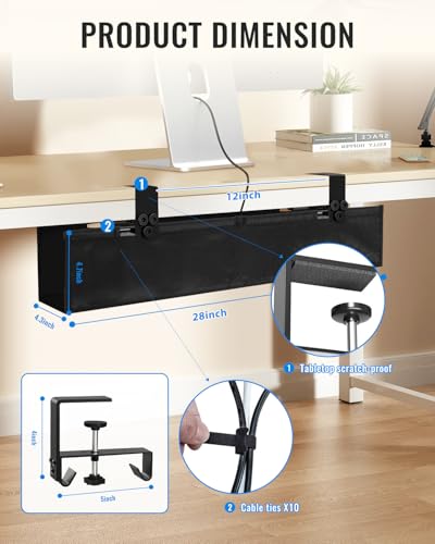 No Drill Cable Management Under Desk, 28" Cord Organizer for Table | Clamp/Screw Mount Cable Management Tray, Premium Black Fabric Desk Cord Management Tray for Office, Home