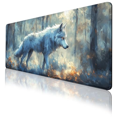 Wolf Gaming Mouse Pad Fantasy Misty Forest Golden Eyes Extended Mousepad Waterproof Stitched Edges Rubber Base Non-Slip Deskmap Computer Keyboard Mat Office Computer Keyboard Laptop 31.5x11.8 Inch - color: Wolf_20, size: 31.5L x 11.8W inches
