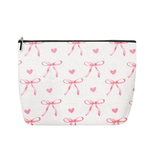 Coquette Preppy Aesthetic Makeup Bag Pink Bow Heart Travel Cosmetic Bag for Women Girl Coquette Pencil Pouch Cute Travel Skincare Bags Organizer Trendy Preppy Stuff Christmas Birthday Gifts - color: Bow Heart