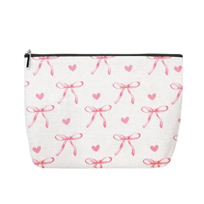 Coquette Preppy Aesthetic Makeup Bag Pink Bow Heart Travel Cosmetic Bag for Women Girl Coquette Pencil Pouch Cute Travel Skincare Bags Organizer Trendy Preppy Stuff Christmas Birthday Gifts - color: Bow Heart