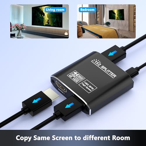 HDMI Splitter 1 in 2 Out, HDMI 2.0b 18Gbps 4K@60Hz HDR10 HDCP 2.2,Splitter for Dual Monitors Support EDID Management, for Laptops/Fire Stick/PS5/Xbox/TV Box/Roku/PC/Monitor(1 Source to 2 Displays)