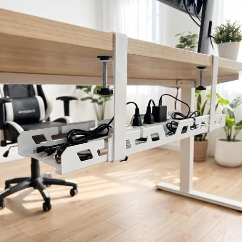 Under Desk Cable Management Tray 15.4-26 Inches Bidirectional Extendable Metal Cable Organizer with Clamp Mount, No Drill Wire Management System for Home Office & Gaming Desk(Light Gray) - color: light gray