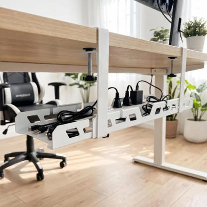 Under Desk Cable Management Tray 15.4-26 Inches Bidirectional Extendable Metal Cable Organizer with Clamp Mount, No Drill Wire Management System for Home Office & Gaming Desk(Light Gray) - color: light gray