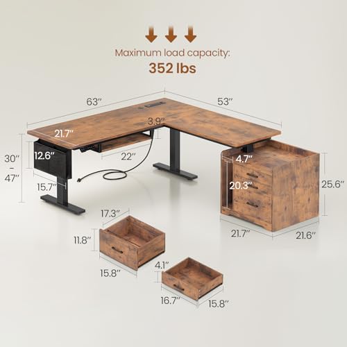 SEDETA L Shaped Standing Desk with File Cabinet, 3 Drawers, Power Outlet | 63 x 53'' Electric Height Adjustable Computer Desk with Led Lights for Home Office, Gaming Room, Rustic Brown - color: Rustic Brown, size: 63 x 53'' L Shaped Standing Desk