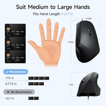 SANWA Wired Ergonomic Vertical Mouse, Silent Click & Remap with Software | 3 Programmable Buttons, Optical USB Mouse, 1000/1600 DPI, Wrist Relief, 55° Natural Comfort, Compatible Win/Mac/Laptop/PC