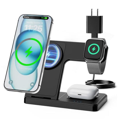 25W MagSafe Charging Station, 3-in-1 Magnetic Wireless Charger Stand | Foldable Phone and Watch Charger for Apple Multiple Devices-iPhone Air 17 16 15 14 13 12 Pro Max, Watch and AirPods-Black