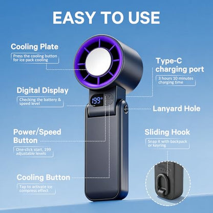 Handheld Portable Turbo Fan with Ice Cooler Personal Cooling Device | 199 Speeds,Digital Display, Up to 12H Runtime, Rechargeable Powerful Mini Personal Fan for Travel/Concerts/Sport Events/Gifts - color: gray