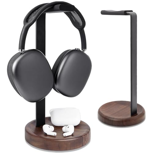GEVO Headphone Stand for Desk - Walnut Wood & Aluminum Headset Stand, Universal Wooden Gaming Headphone Holder for AirPod Max, Bose, Sony, Razer, Jabra, JBL (Walnut Circular Base)